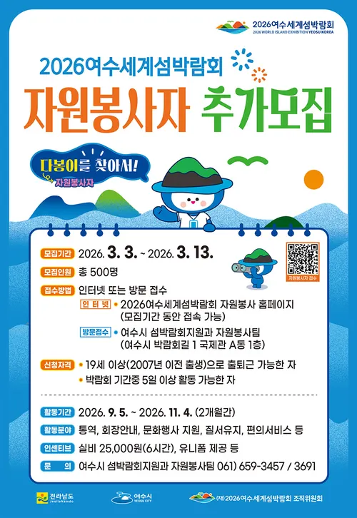 여수세계섬박람회 ‘다봉이’ 자원봉사자 추가 모집…참여 요건 완화