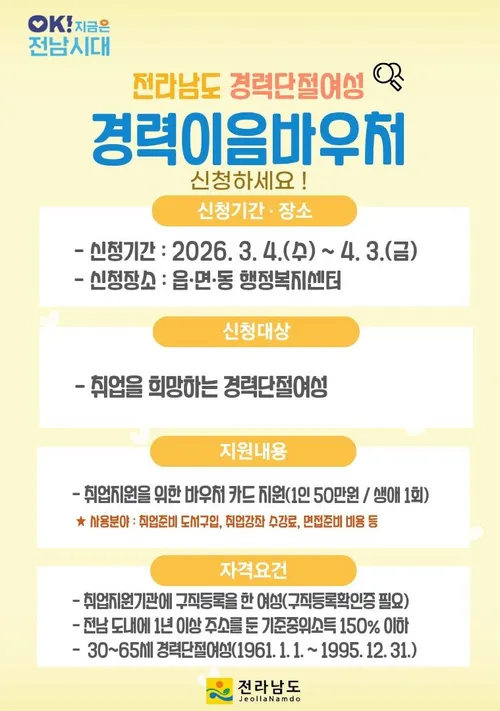 여수시, 경력단절여성 경제활동 복귀 위한 ‘경력이음바우처’ 참여자 모집